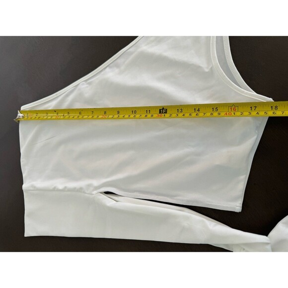 One Shoulder Side Tie Waist Crop Top WHITE SOLID ELASTIC SIZE XL - Picture 7 of 11